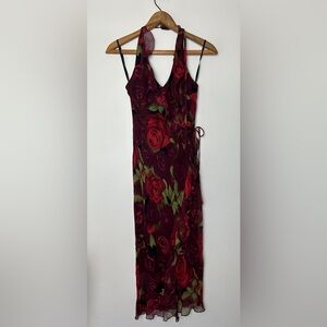 bebe 100% silk rose floral print Ruffle Halter Slipdress
